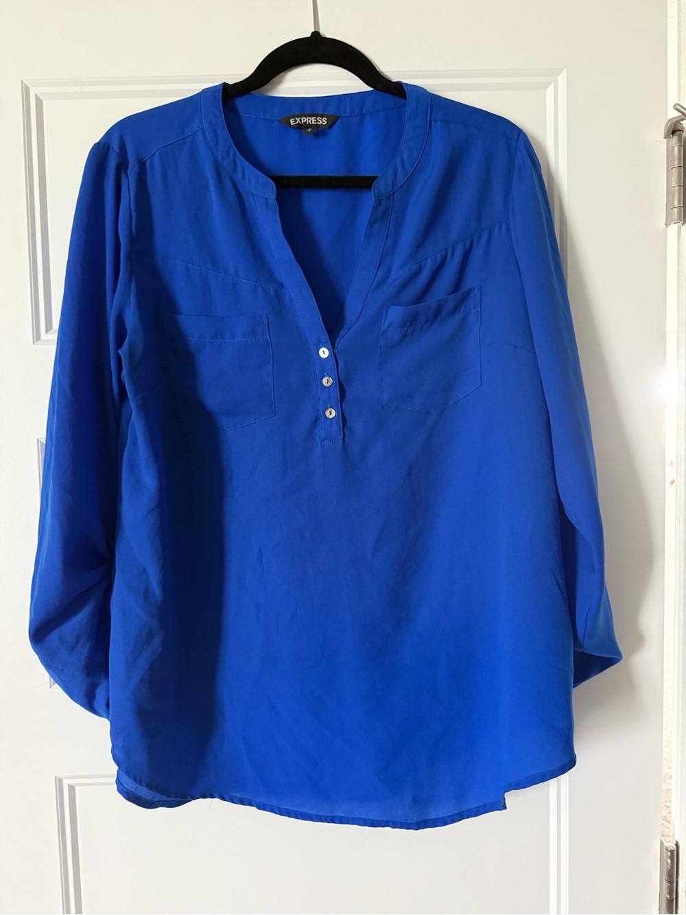 Express Blue Split V-Neck Button Blouse